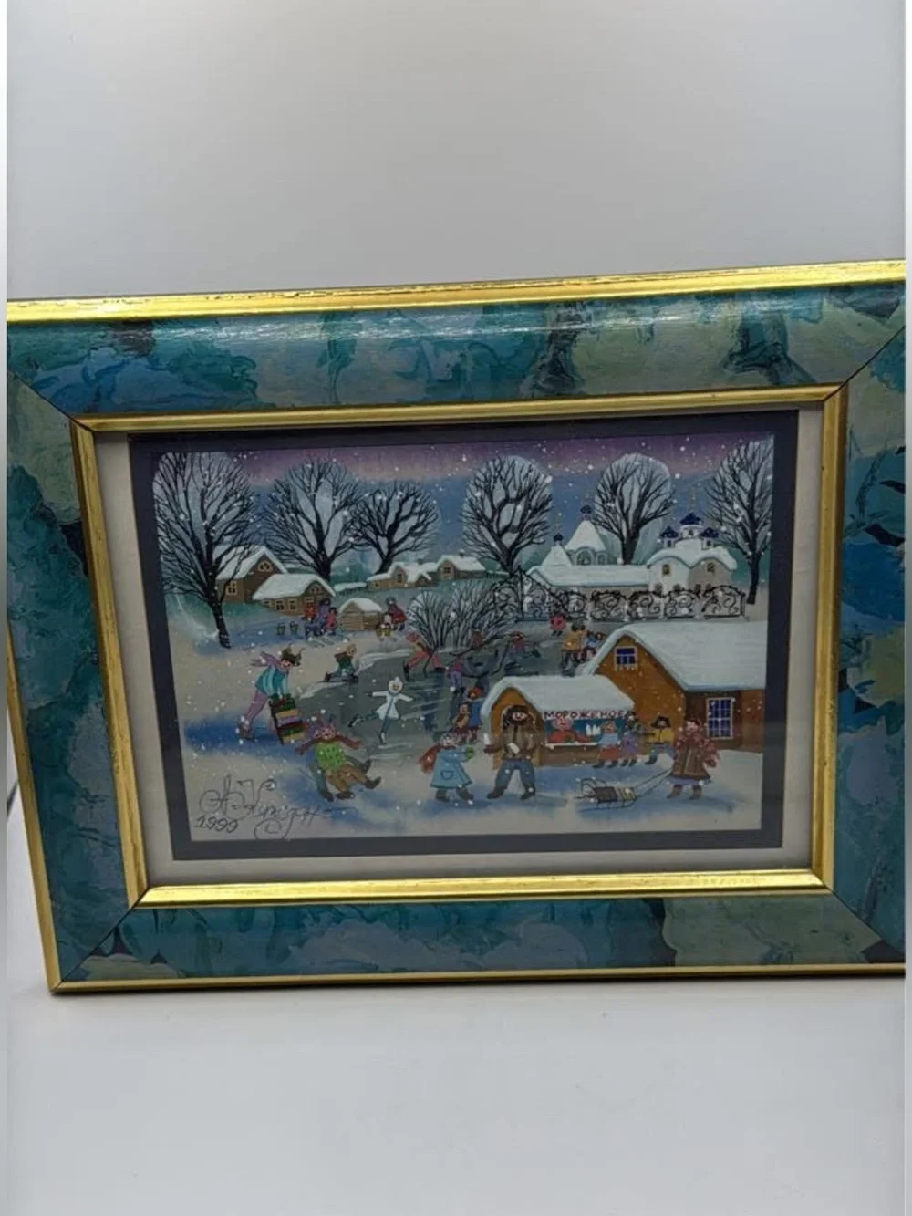 Winter Village Framed Folk Art Miniature Painting ANNA KAZHDAN